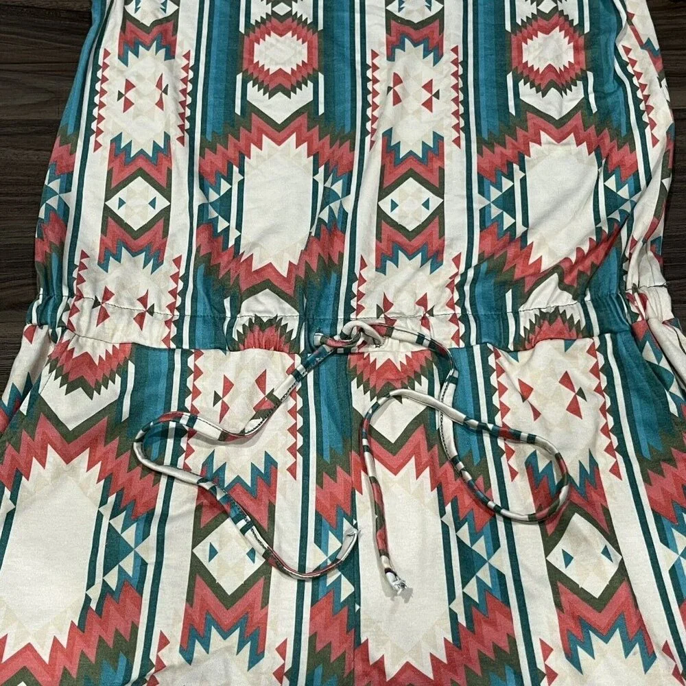 Crazy Train Aztec Southwest Design Romper Elastic Tie Waist Pockets Women Large